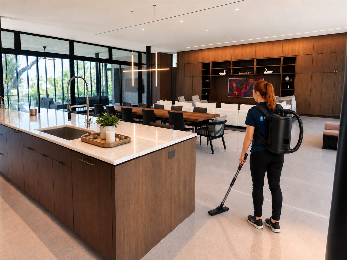 Bicca Cleaning team member vacuuming the open living area of a Sarasota home