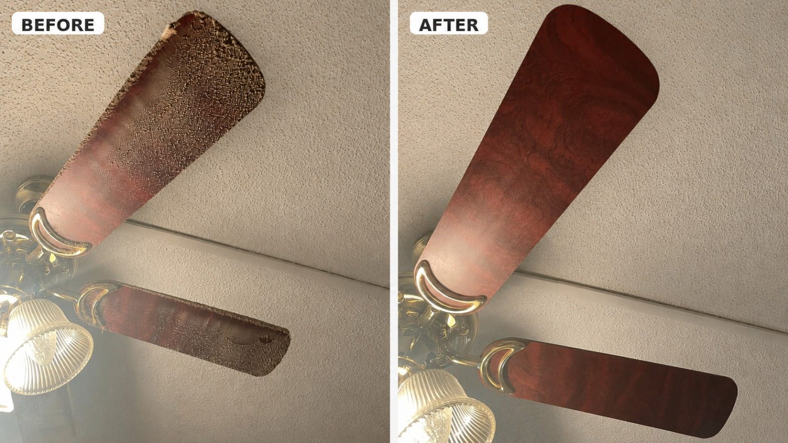 Before and after of a ceiling fan blade: heavy dust buildup on the left, spotless on the right