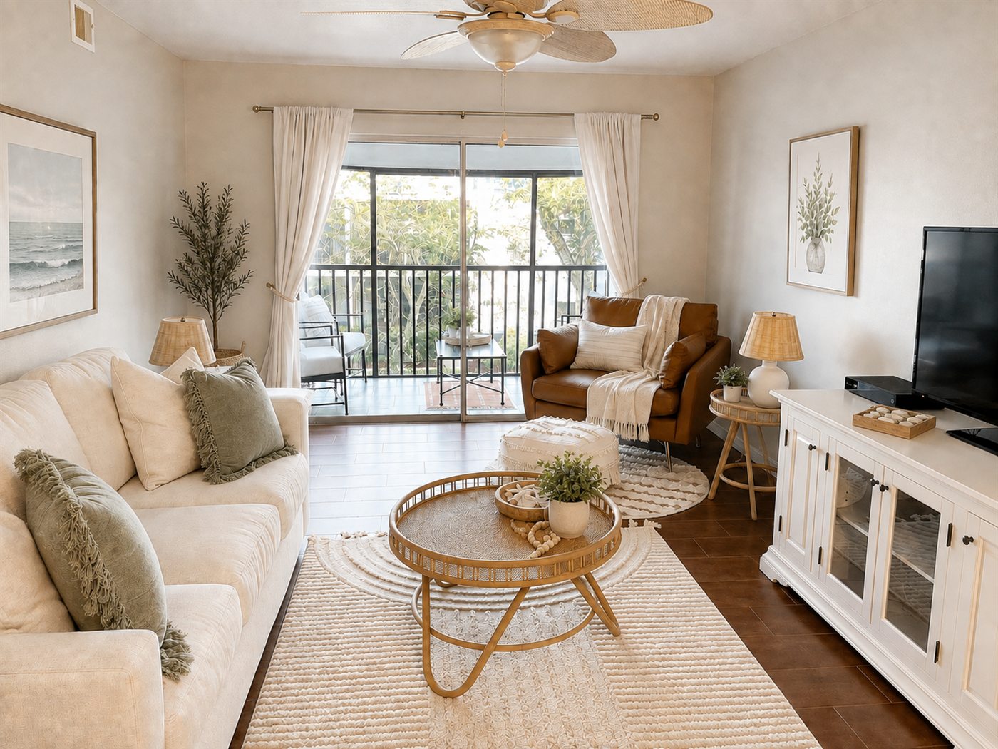 Freshly cleaned living room with tidy sofa, clean floors, and natural light from the balcony