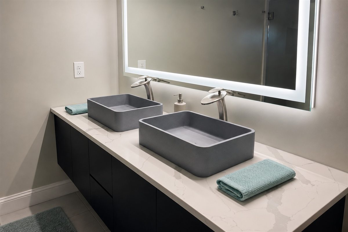 Spotless bathroom vanity with polished fixtures and streak-free mirror after a deep clean