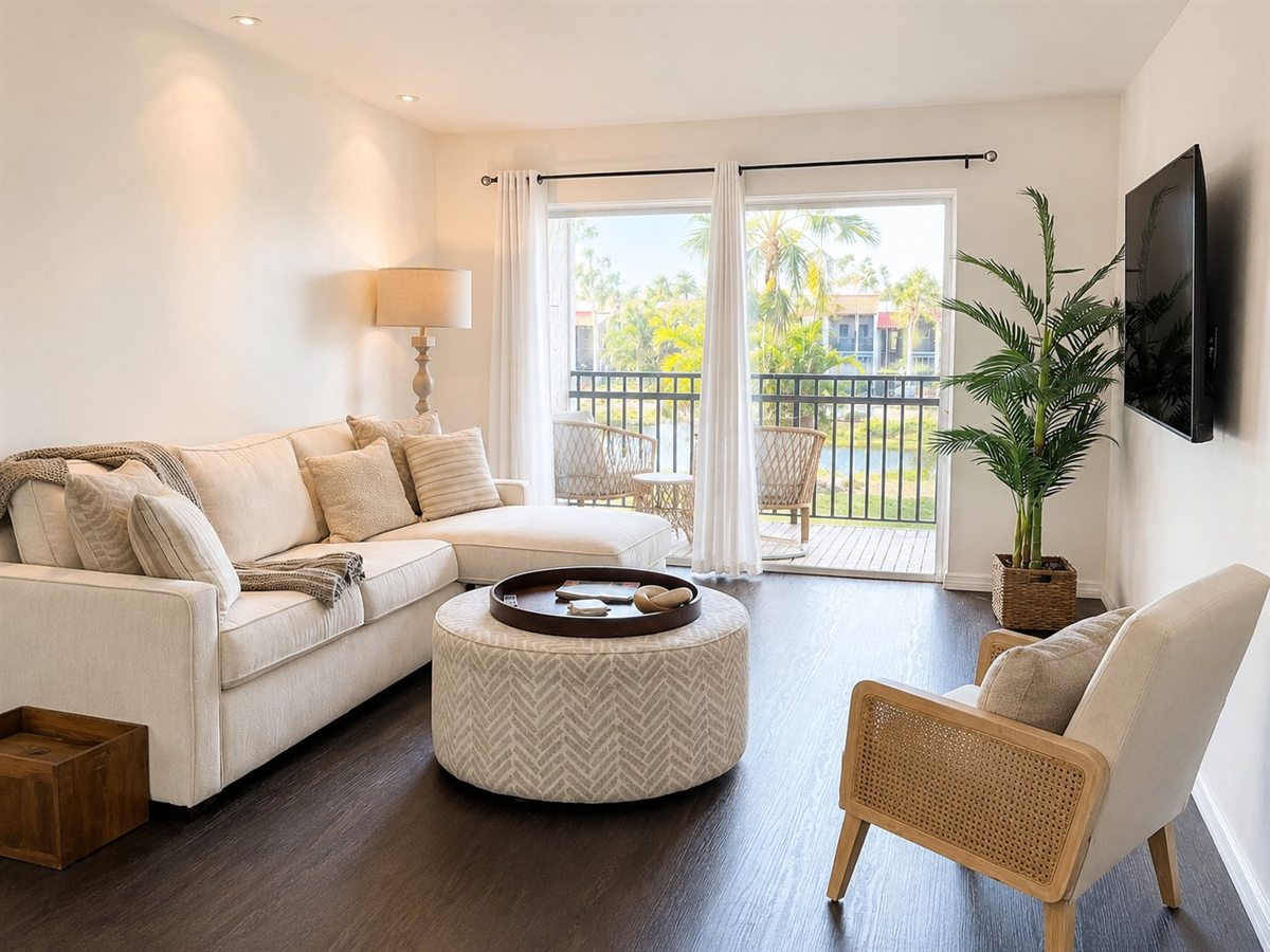 Bright, tidy living room with clean floors and uncluttered surfaces