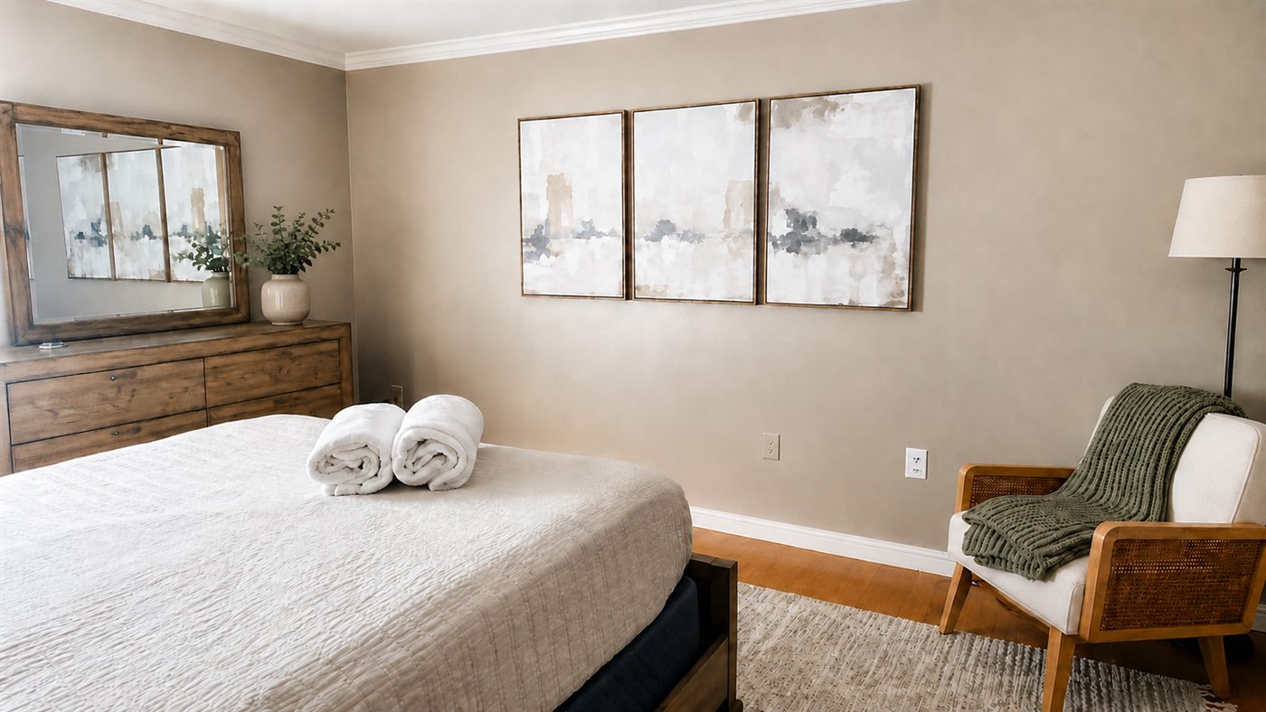 Guest-ready bedroom with fresh white linens and rolled towels on the bed