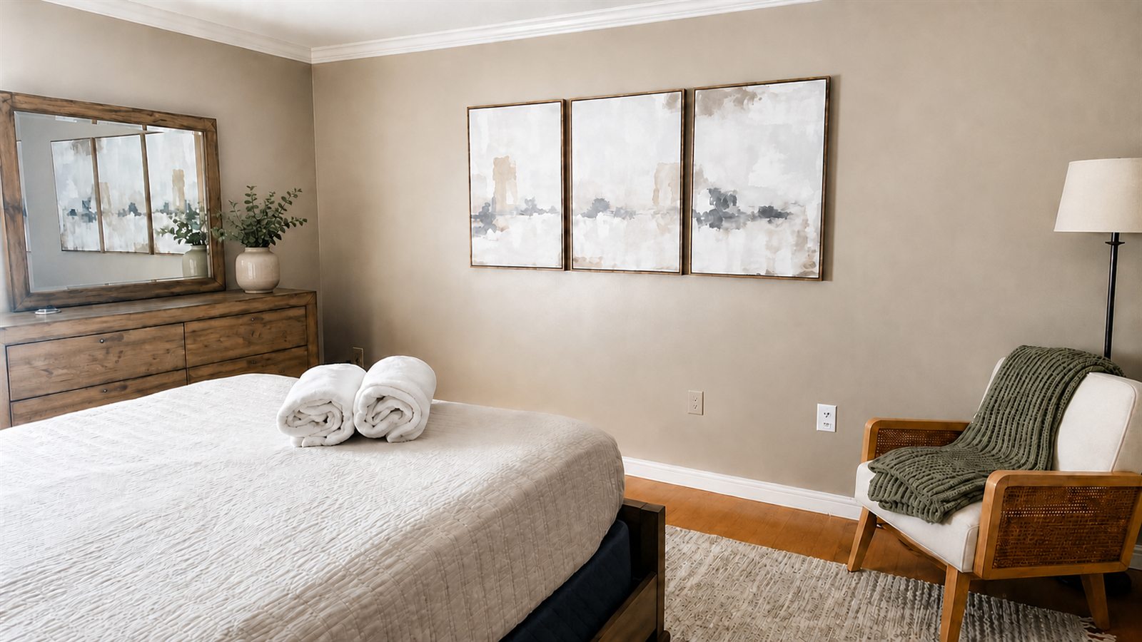 Guest-ready bedroom with fresh white linens, rolled towels on the bed, and dusted surfaces